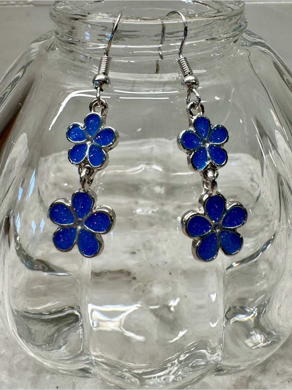 New Blue Daisy Flower Floral Glitter Enamel Silver Tone Dangle Earrings - 1.75”